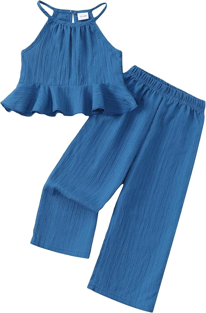 Kucnuzki Baby Girl Clothes Toddler Girl Summer Outfits Sleeveless Ruffle Halter Tops Wide Leg Pan... | Amazon (US)