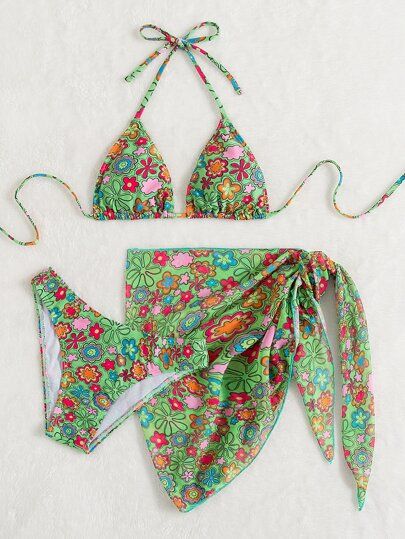 Floral Triangle Bikini Swimsuit With Beach Skirt | SHEIN