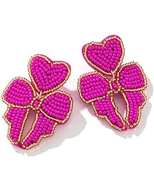 Beaded Bow Dangle Earrings Cute - Handmade Statement Ribbon Drop Earrings for Party or Wedding | Amazon (US)