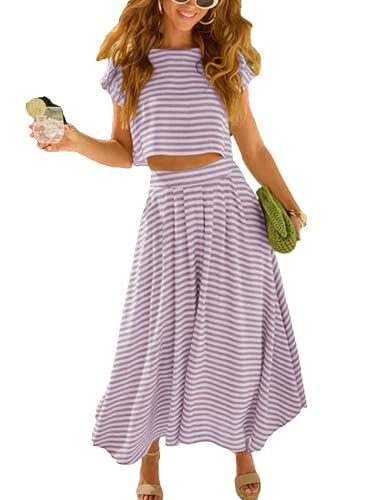 Zontroldy Women's Summer 2 Piece Outfits Striped Skirt Sets Cap Sleeve Crop Top Midi Dress Matching Travel Outfits(1535-Purple-XL) | Amazon (US)