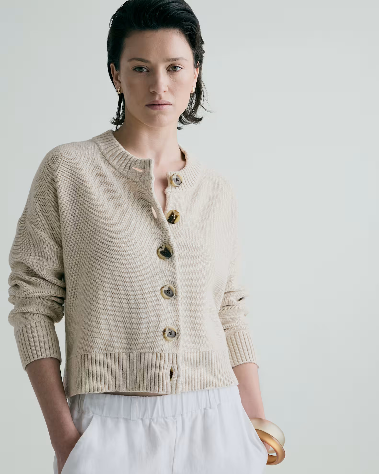 100% Organic Cotton Cropped Cardigan in Speckled Beige | Quince