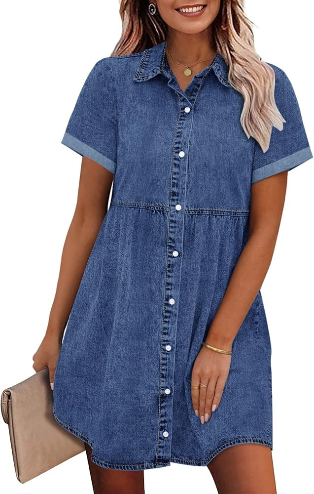 GRAPENT Denim Dress for Women Babydoll Tiered Short Sleeve Button Down Jean Shirt Dresses | Amazon (US)