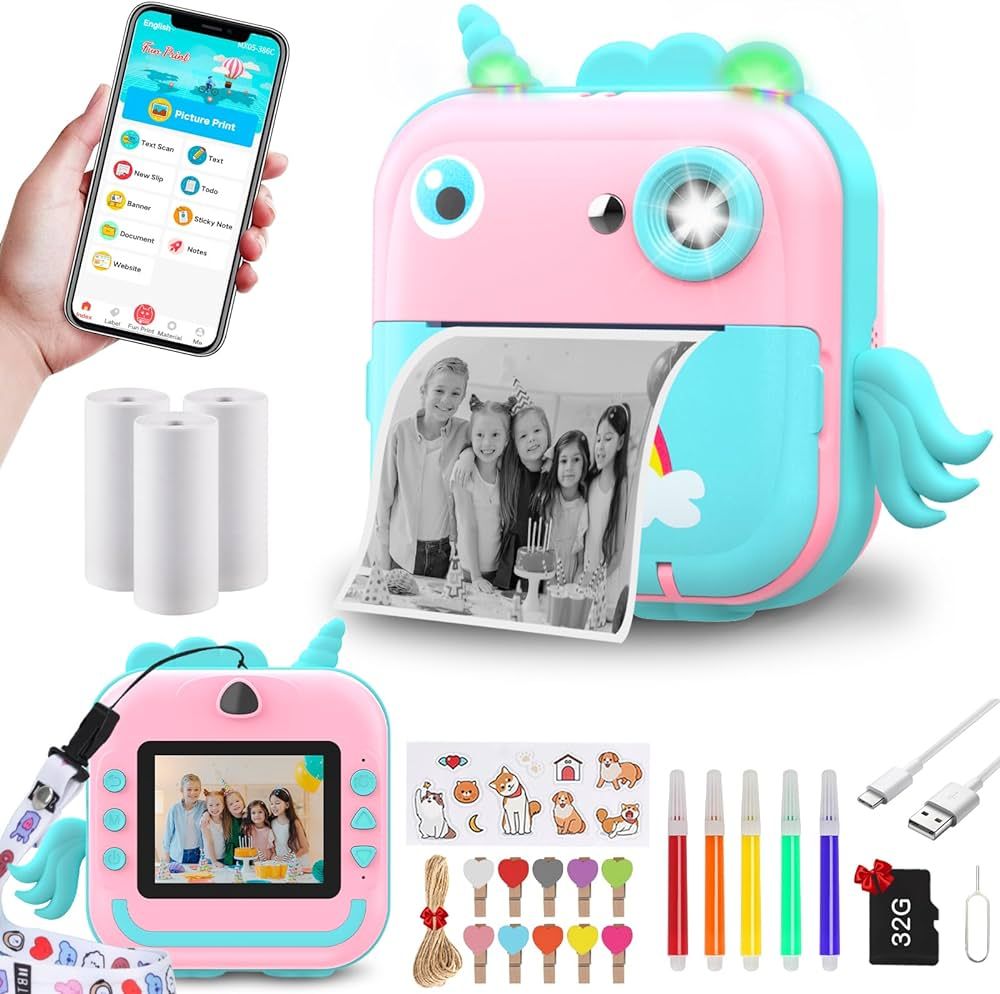 Instant Print Camera for Kids,Inkless Sticker Printer for Girls Boys Age 3-12, 20MP HD Digital Vi... | Amazon (US)