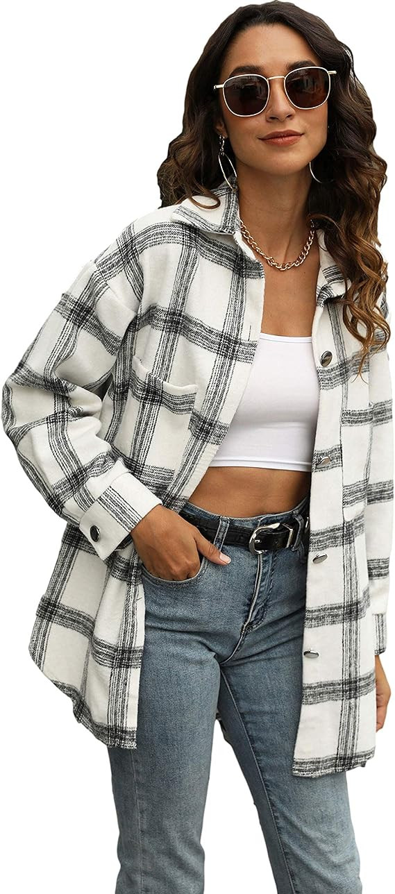 Qiaomai Women's Casual Plaid Lapel Button Up Short Brushed Shacket Blouse Top Coat | Amazon (US)