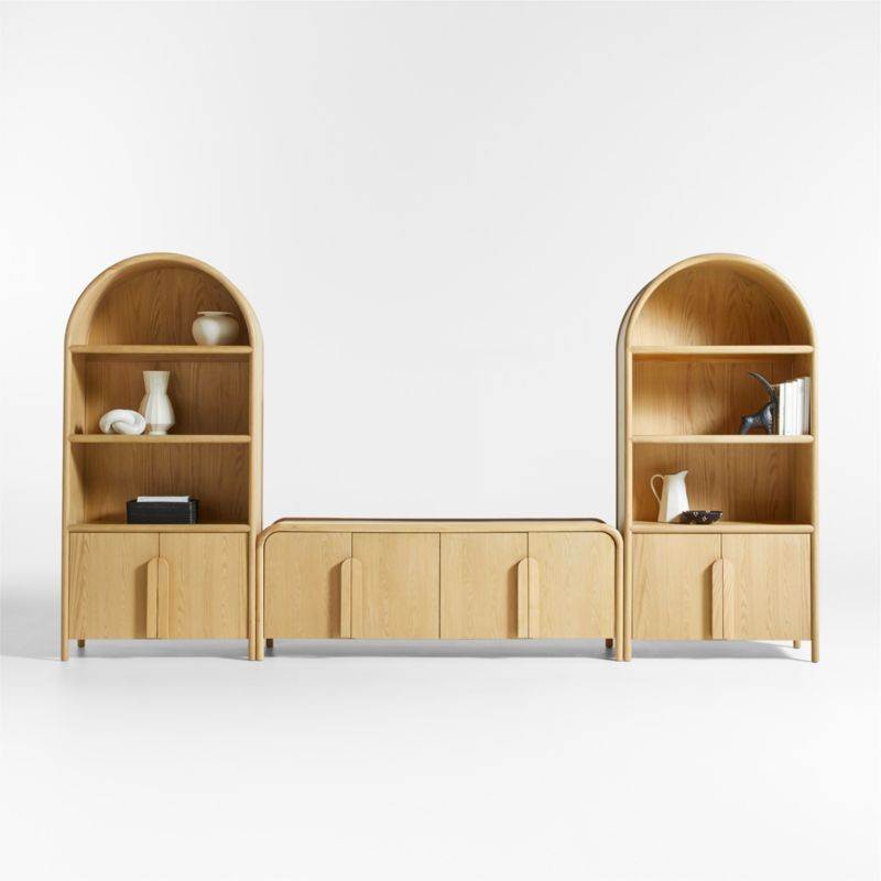 Annie 72" Natural Wood Storage Media Credenza with 2 Natural Storage Bookcases by Leanne Ford | C... | Crate & Barrel