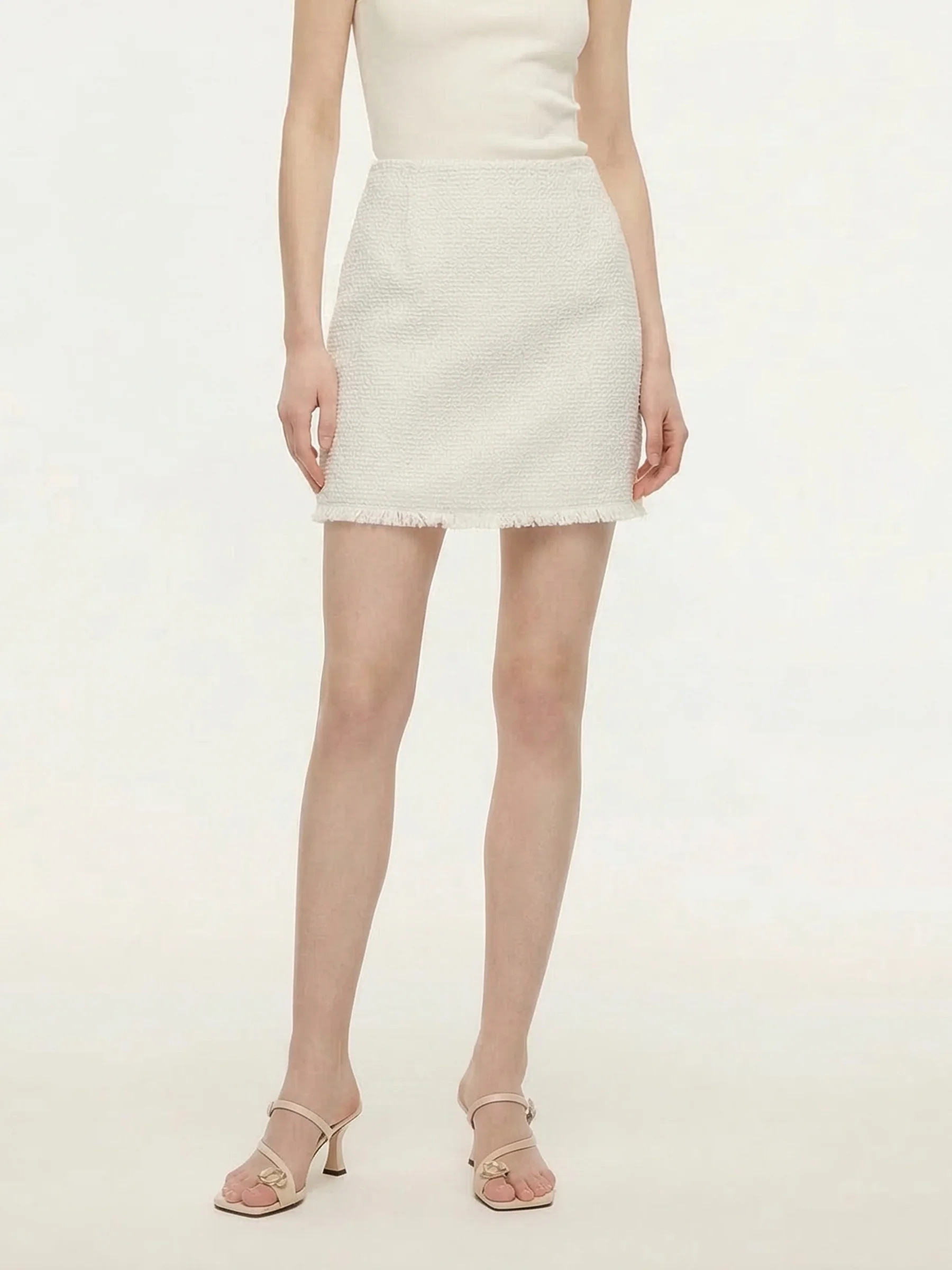 Minifalda para mujer de mezcla de lana con dobladillo de flecos de tweed | GOELIA