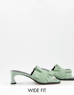 ASOS DESIGN Wide Fit Wade ruched mid heeled mules in sage | ASOS (Global)