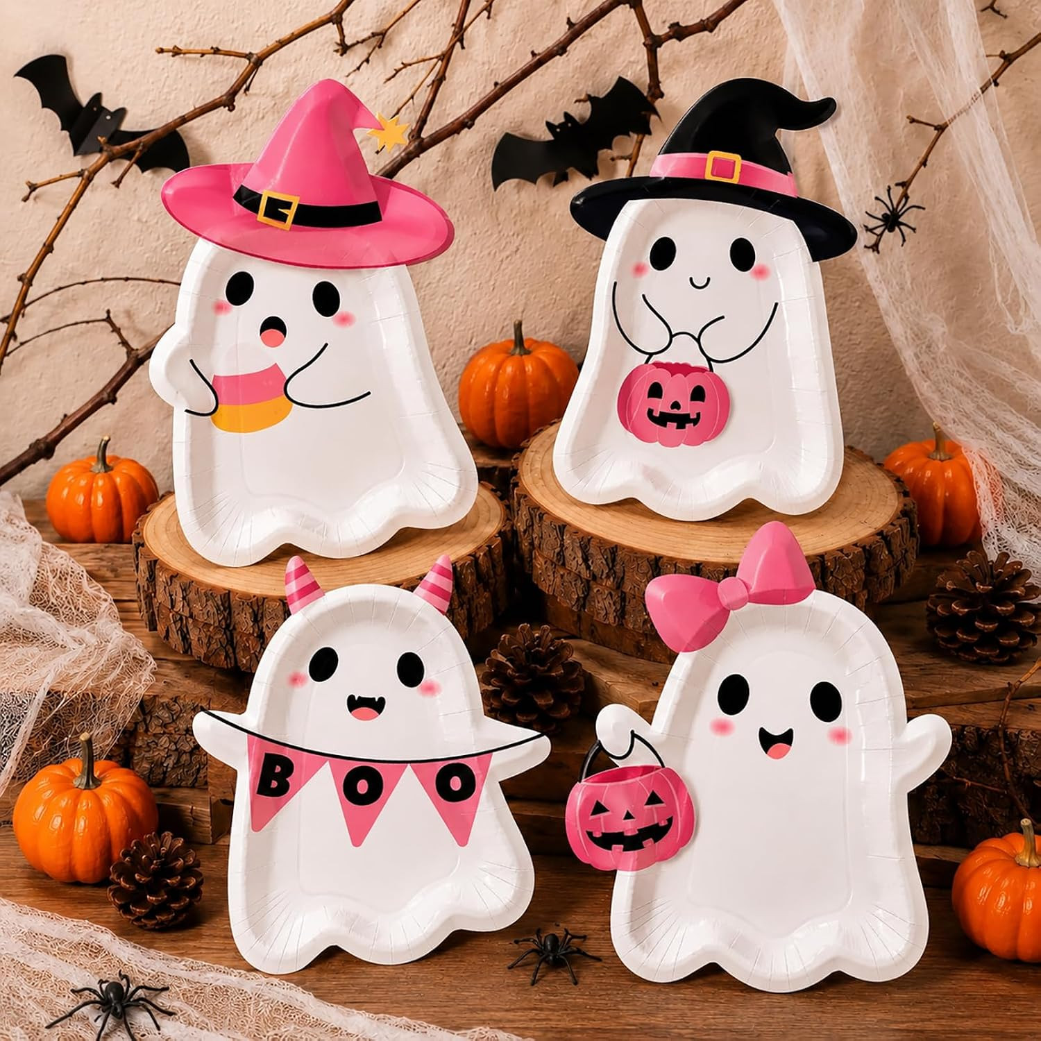 48Pcs Halloween Paper Plates,Pink Ghost Plates, 4 Cute Ghost Designs | Amazon (US)