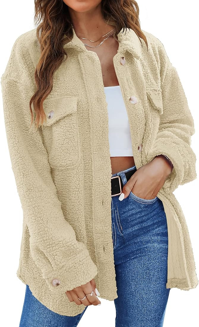 TECREW Women's Winter Sherpa Fleece Jacket Button Down Fuzzy Shacket Outwear Coat with Pockets, B... | Amazon (CA)