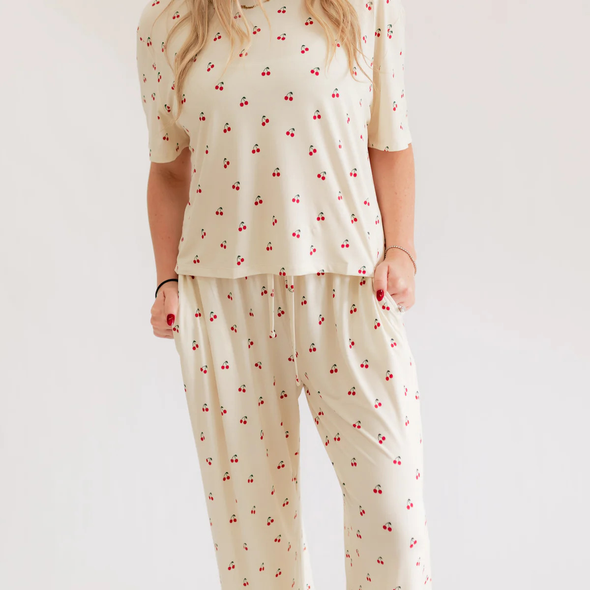 Women's T-Shirt and Pants Set in Cream Cherries | Silks Design
