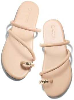 Coutgo Womens Strappy Flat Sandals Square Open Toe Flip Flops Slides Toe Ring Summer Dress Shoes | Amazon (US)