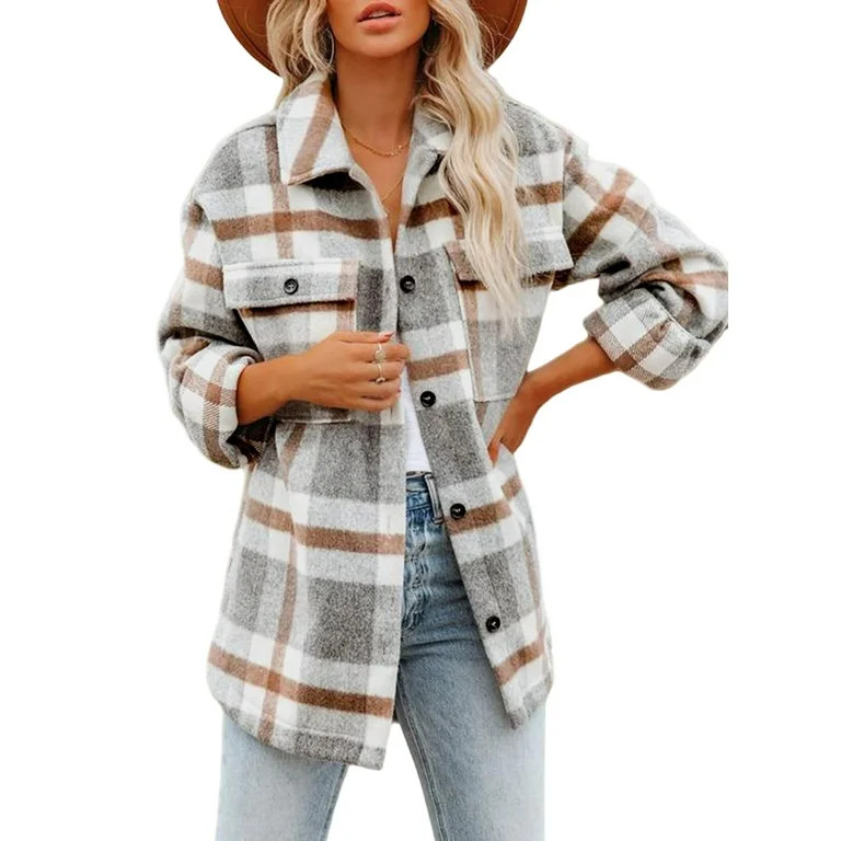 Fantaslook Flannel Shirts for Women Plaid Jacket Long Sleeve Button Down Shacket Chest Pocketed C... | Walmart (US)