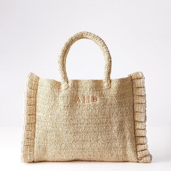 Sofia Ruffle Raffia Tote, White | Mark and Graham