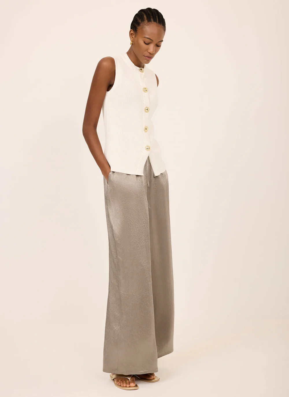 Gold Metallic Satin Wide Trousers | Mint Velvet