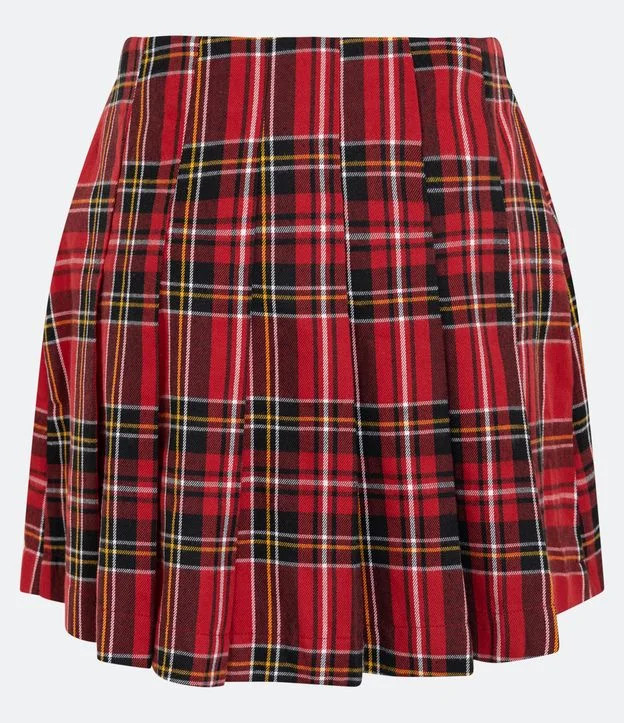 Saia Curta Plissada em Alfaiataria Xadrez com Correntes Vermelho | Renner (BR)