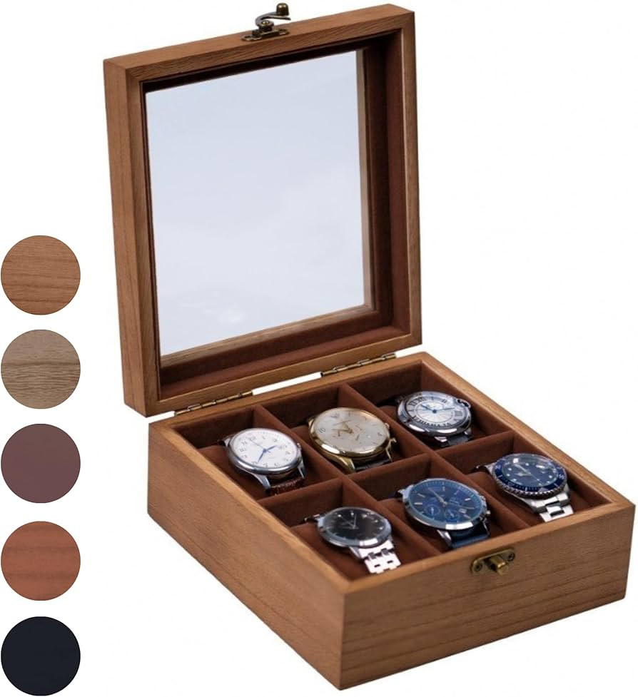 Watch Box, Watch Case for Men Women with Large Glass Lid, Wooden Watch Display Storage Box with 6... | Amazon (US)