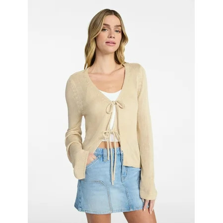 No Boundaries Tie Front V-Neck Cardigan with Bell Sleeves, Women's & Women's Plus XXS-4X | Walmart (US)