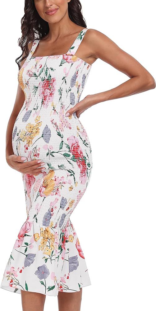 Summer Tank Maternity Dress Sleeveless Strappy Floral Midi Bodycon Square Neck Ruffle Mermaid Smo... | Amazon (US)