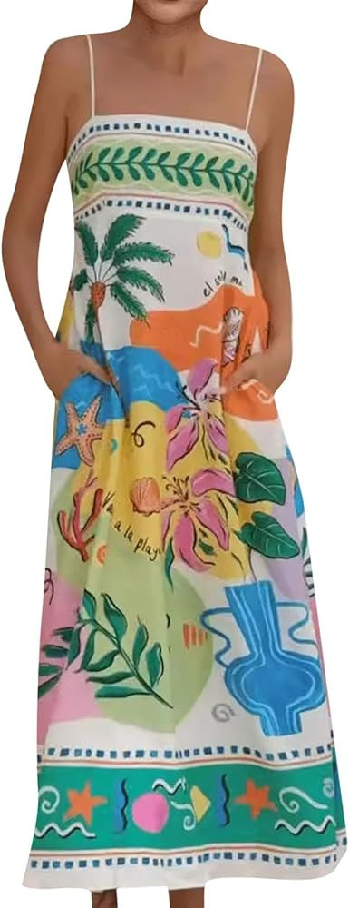 Strapless Maxi Dress for Women Boho Graffiti Cami Long Dress Colorful Graphic Spaghetti Strap Flo... | Amazon (US)