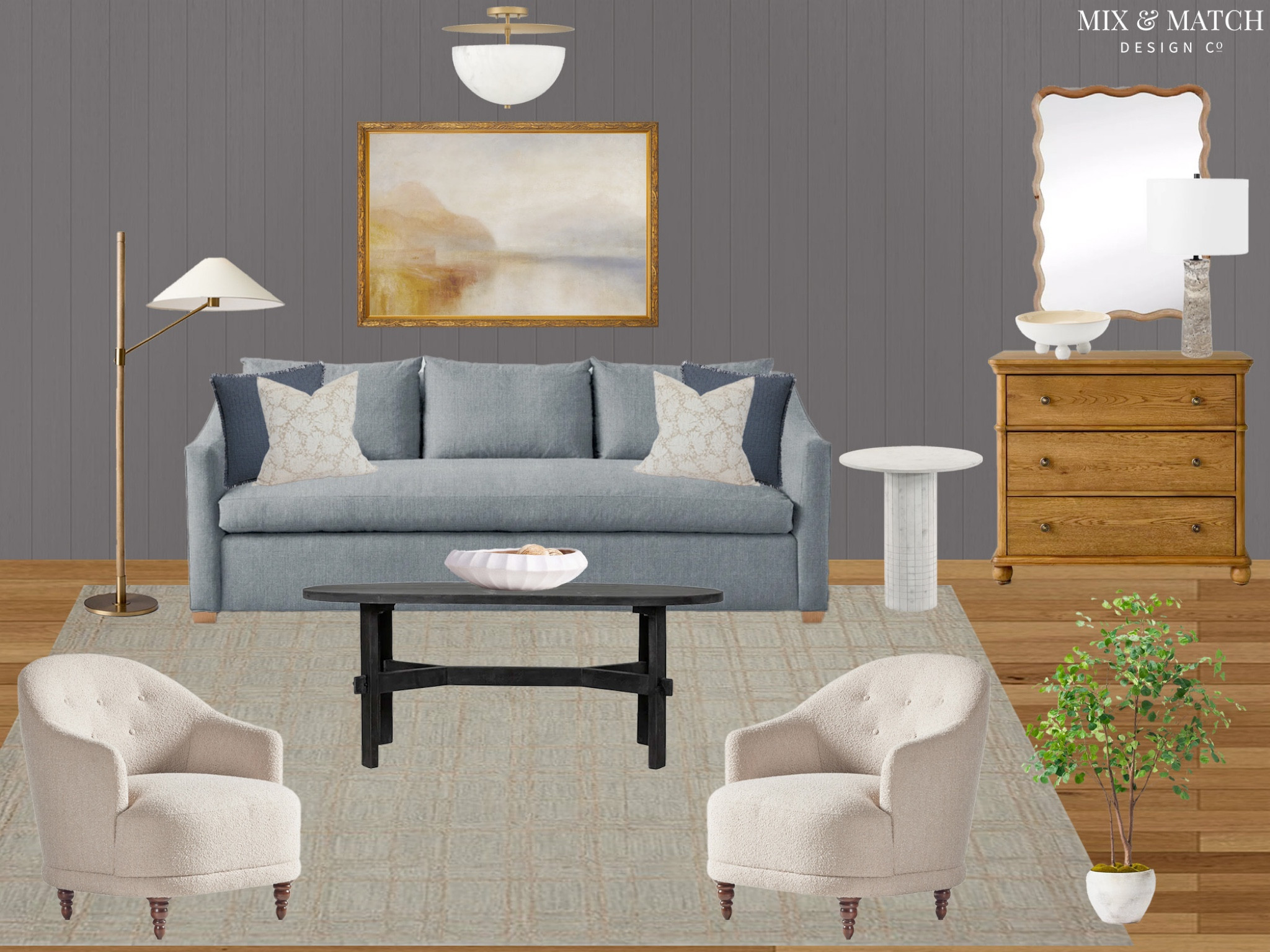 You asked for it, so here it is! Inspired by a client’s recent Pinterest board, I designed a cozy, modern traditional living room for y’all. Digging the vibe? Grab the sources below! 