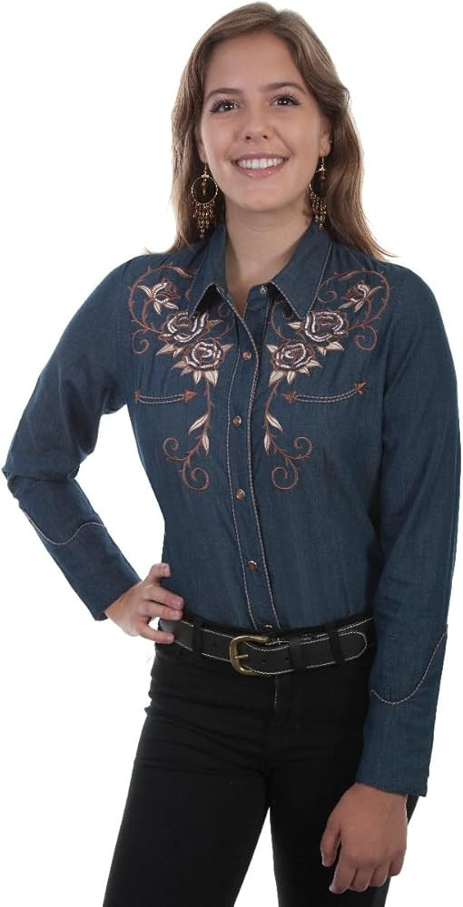 Scully Embroidered Roses and Longhorn Skull snap Front Western Shirt PL872 DEN ** | Amazon (US)