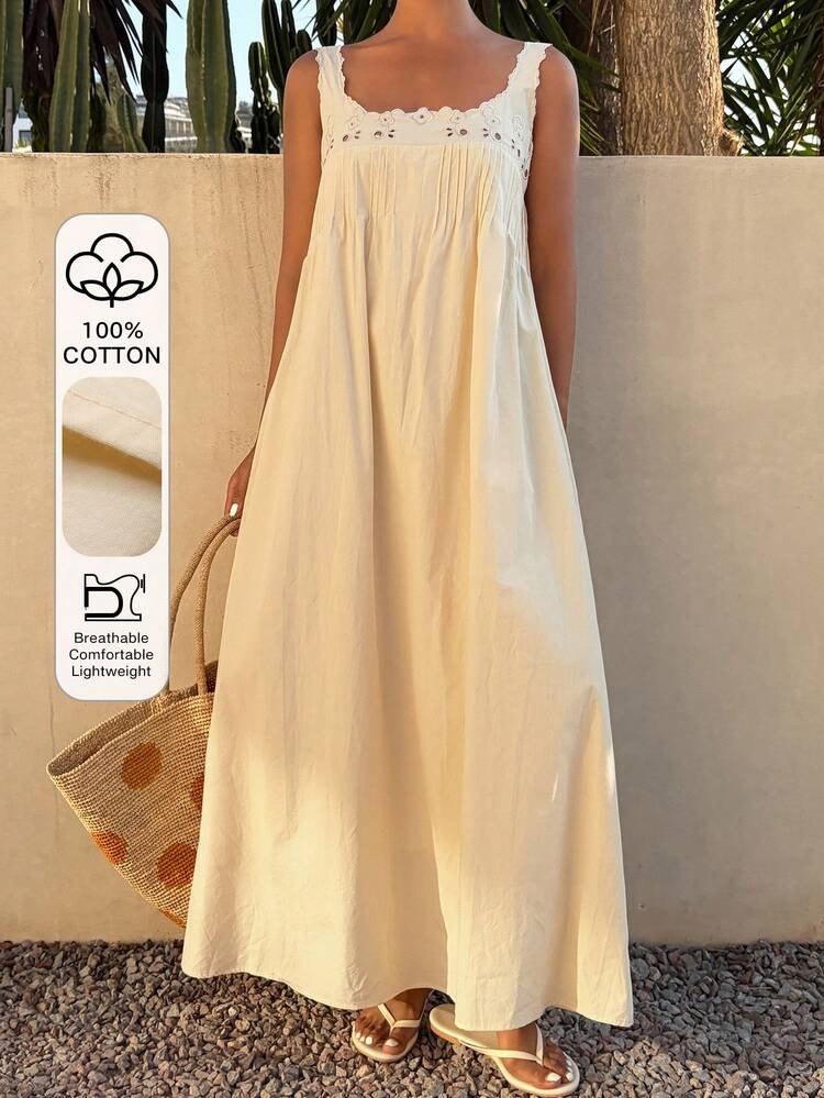 Livesso Women's Summer Holiday Elegant Party Easter All Cotton Loose Sleeveless Midi Dress | SHEIN