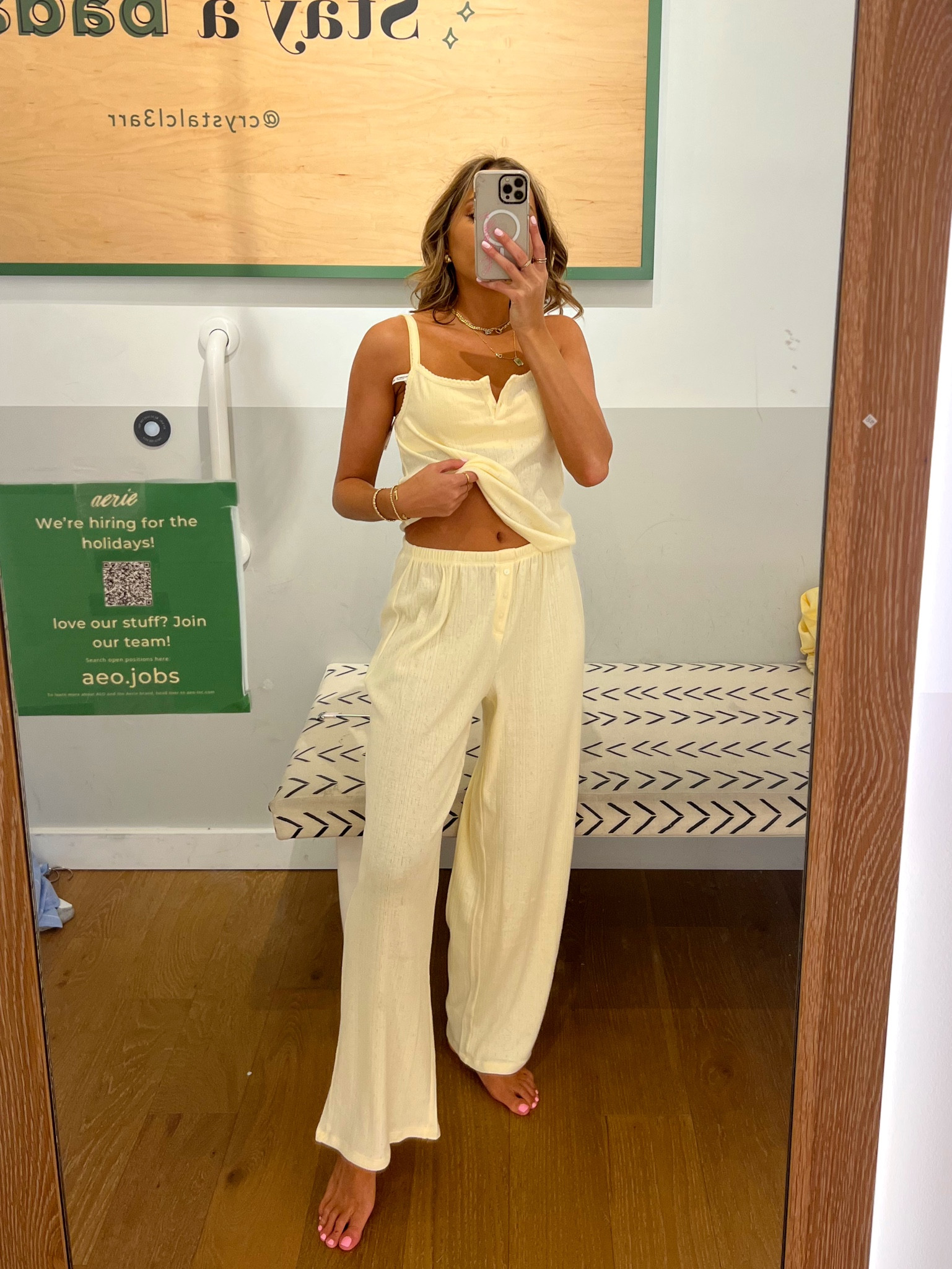 Aerie in store try on haul. wearing a size XS in these new butter yellow pjs 🍋