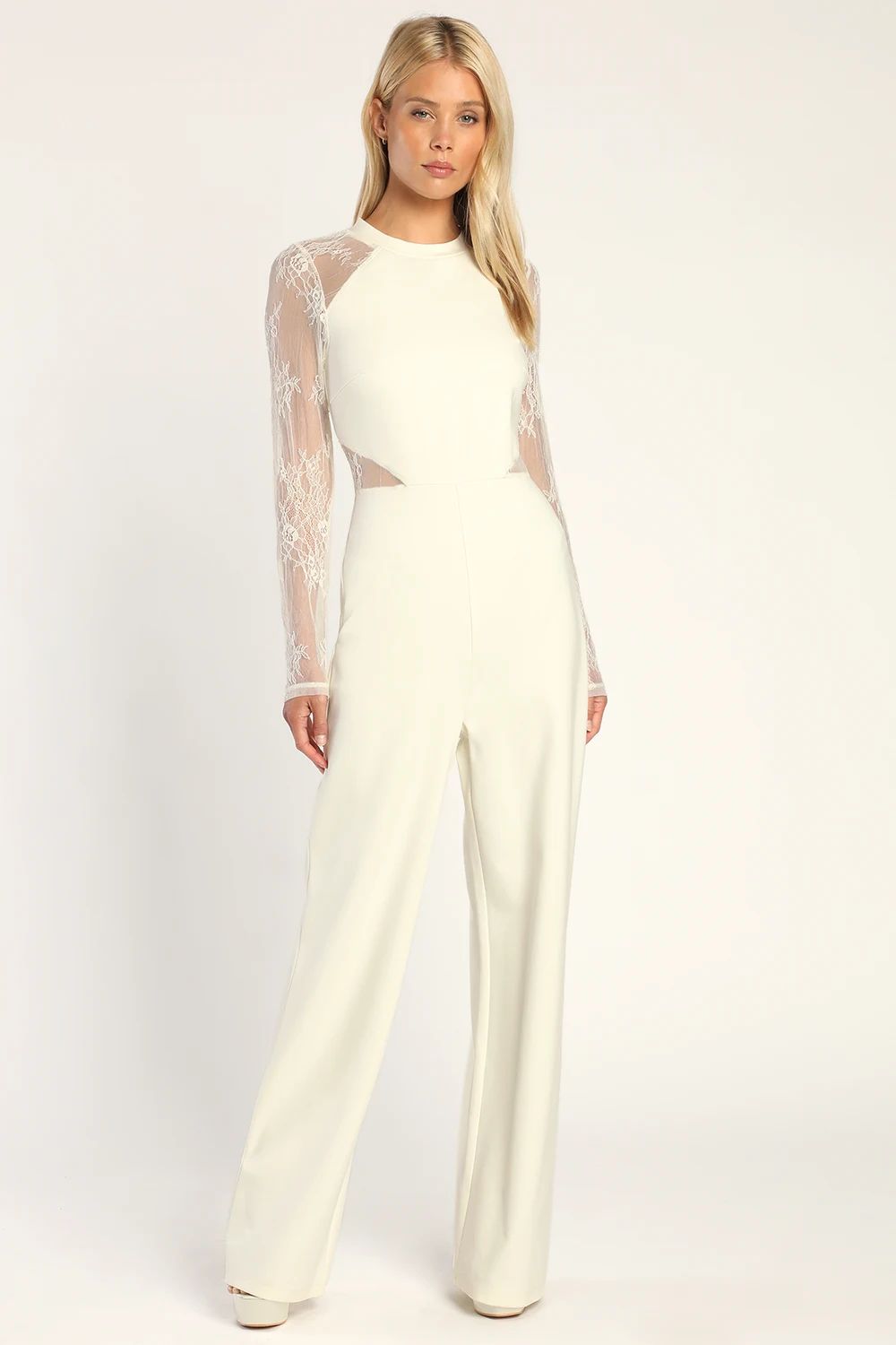 Infatuated With You Ivory Lace Long Sleeve Wide-Leg Jumpsuit | Lulus (US)