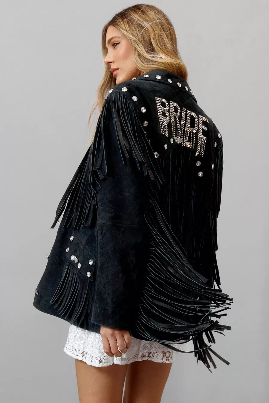 Real Suede Bridal Embellished Fringe Jacket | Nasty Gal (US)
