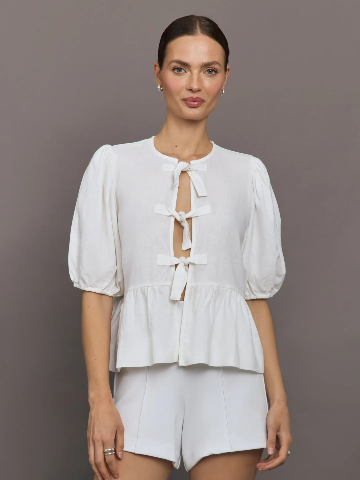 Linen Tie Puff Sleeve Top - White | Carbon38