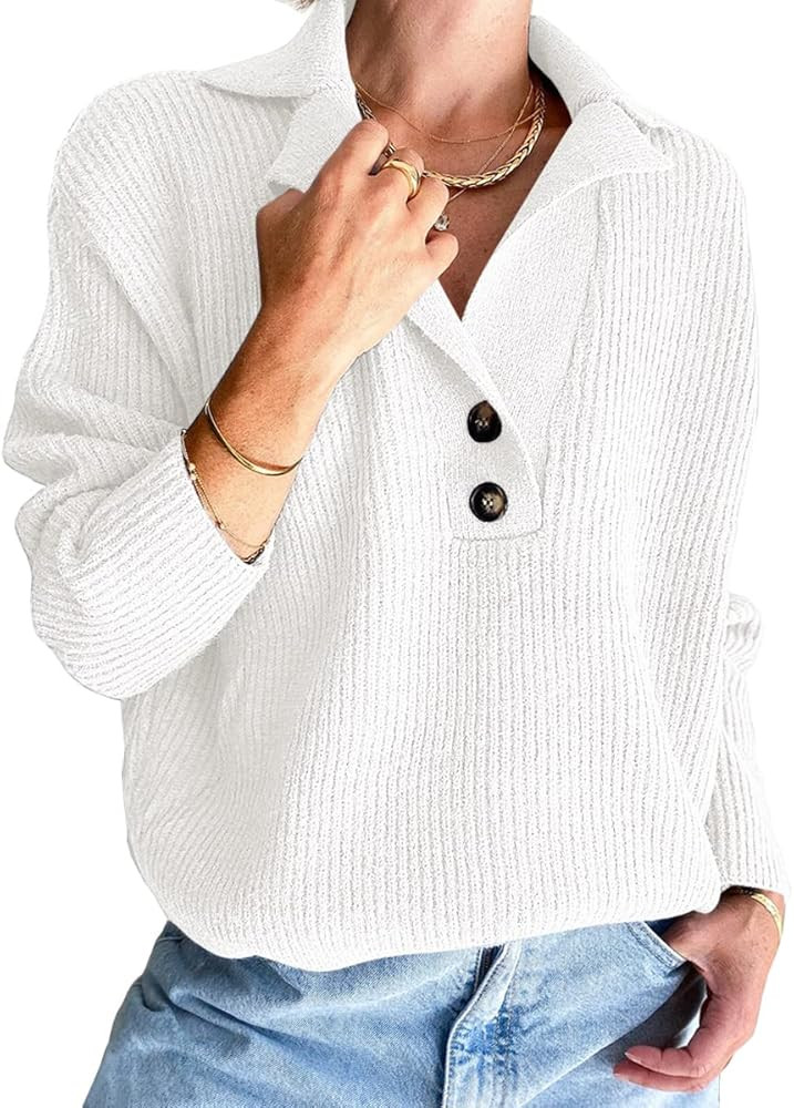 LILLUSORY Women's Snap-Buttons Foldover Collar Henley Knitted Pullover Sweater Tops | Amazon (US)