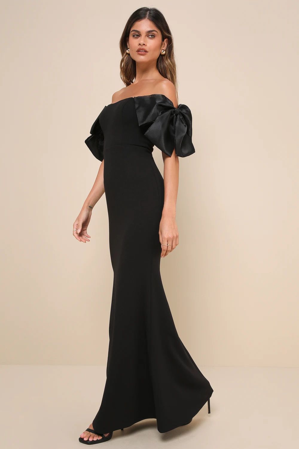 Pristine Sensation Black Bow Off-the-Shoulder Maxi Dress | Lulus