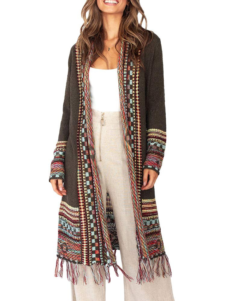 FERBIA Women Boho Cardigan Sweater Long Open Front Maxi Knit Sweaters Aztec Tribal Tassel Fringe ... | Amazon (US)