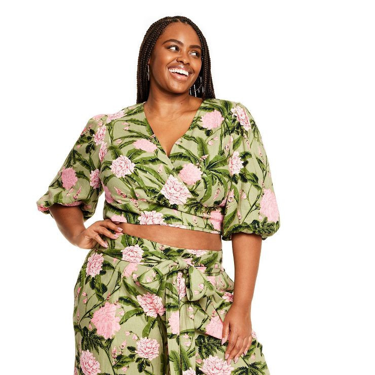 Women's Large Peony Print Tie Wrap Top - Agua Bendita x Target Dark Olive/Blush | Target