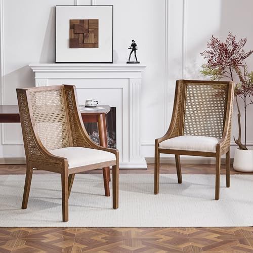 Christopher Knight Home Yone Dining Chairs Set of 2, Modern Dining Chair with Fabric Upholstery, Rubberwood Frame Kitchen Chairs with Cane Webbing, Extra Seat for Dining Room, Beige + Brown | Amazon (US)