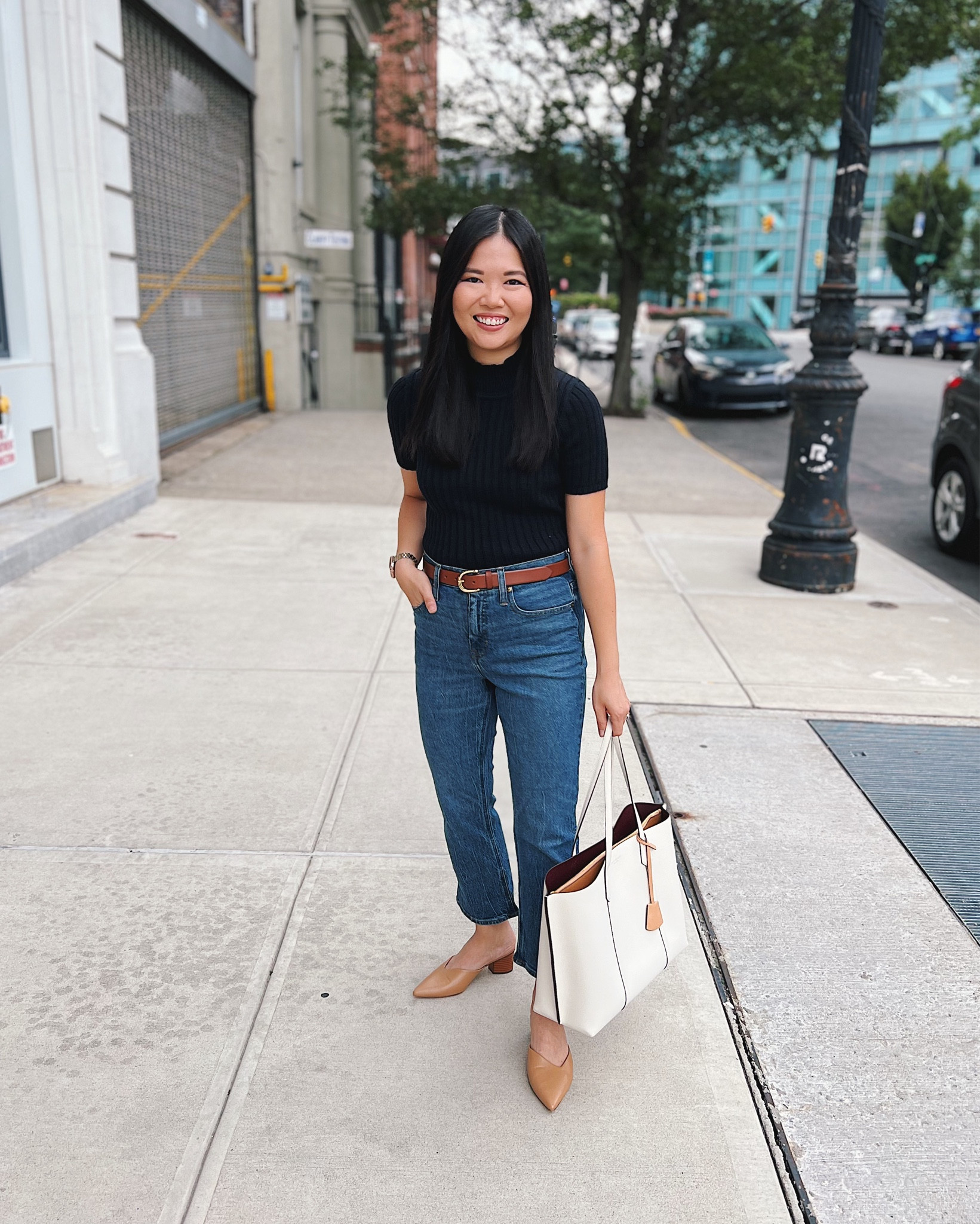 Black short sleeve sweater (XS)
High waisted straight jeans (4P)
Brown belt with gold buckle
White tote bag
Tan pumps (1/2 size up)

Teacher outfit
Mom outfit
Smart casual outfit
Fall work outfit
Fall outfit
Transitional outfit
Neutral work outfit
Neutral outfit
Tan mule pumps
Tory Burch tote bag
Tory Burch Perry tote bag
J.Crew sweater
J.Crew jeans

#LTKfindsunder100 #LTKstyletip #LTKSeasonal