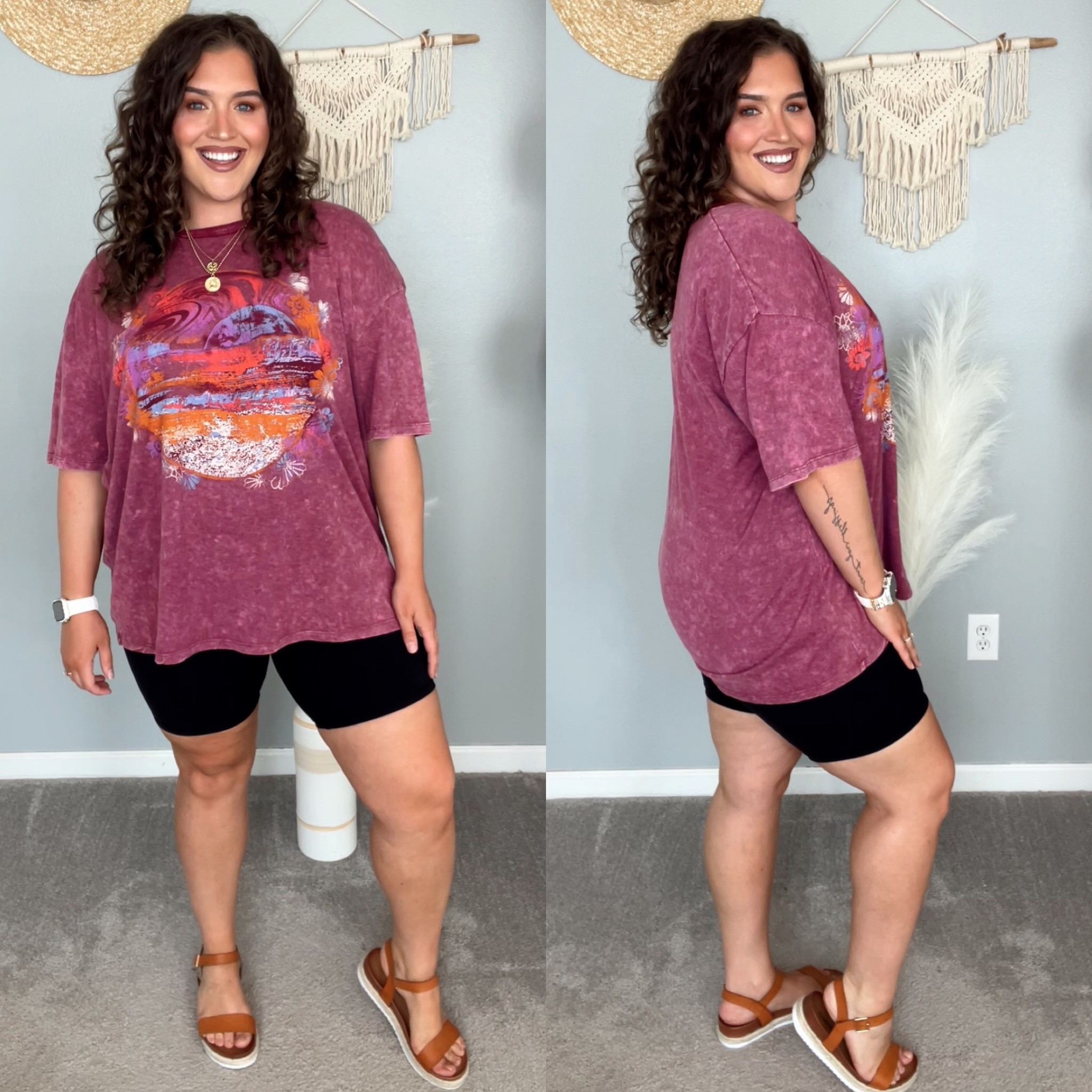 Midsize casual outfit inspo 🖤✨
Oversized graphic tee + biker shorts 
Shirt: XL 
Shorts: XL 
#midsizeoutfits #ootd #styleinspo #casualoutfit #everydaystyle #falltransition #oversizedtee #graphictshirt #bikershorts #lounge #sandals #affordablefashion 

#LTKSeasonal #LTKmidsize #LTKstyletip