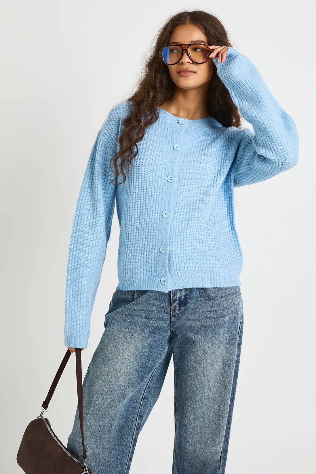 Baby Blue Super Soft Crew Neck Knitted Chunky Cardigan | Boohoo USA | boohoo (US & Canada)