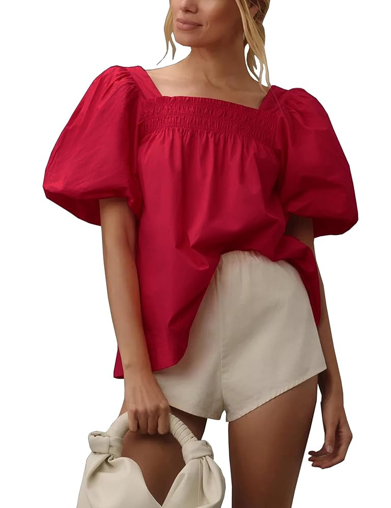 Short Puff-Sleeve Dressy Blouses Smocked Square Ruffle Neck Loose Shirts Casual Womens Tops | Amazon (US)