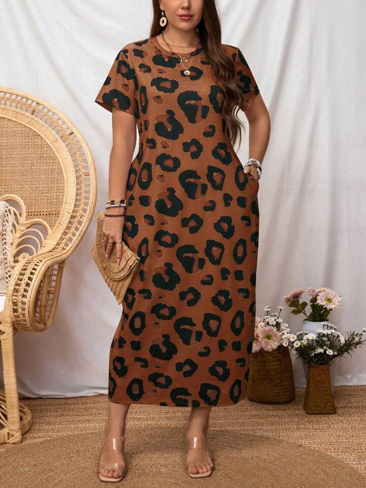 EMERY ROSE Plus Size Women's Leopard Print Mid-Length Summer Dress | SHEIN