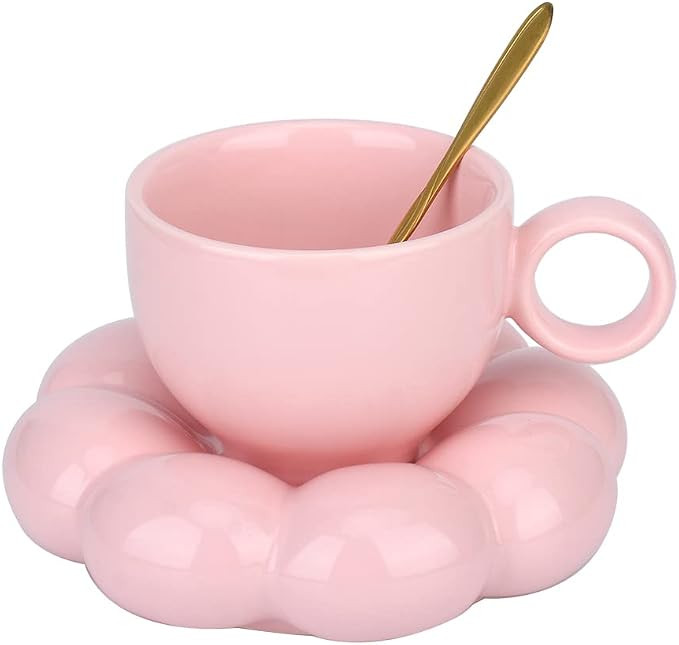 Taza de café de flores, juego de taza de café y platillo de cerámica con nube, bonita taza con... | Amazon (US)