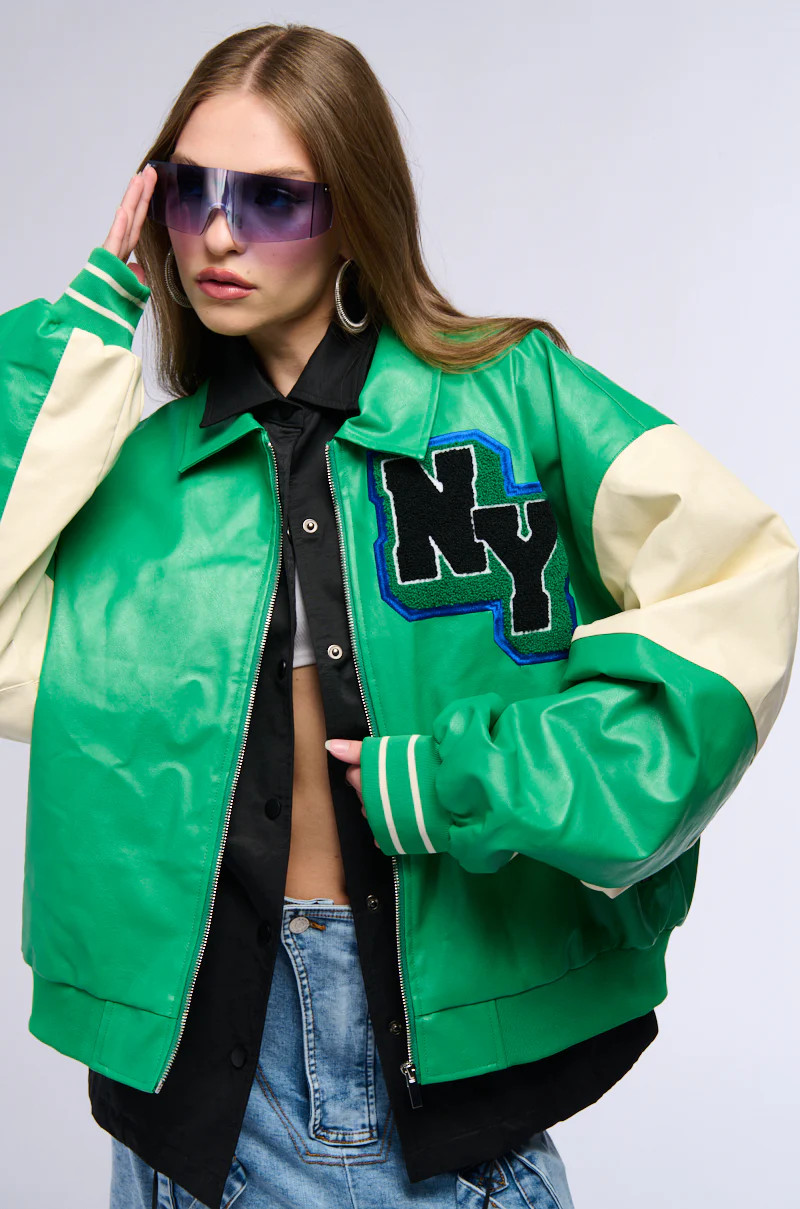 NUEVA YORK VARSITY PATCH FAUX LEATHER BOMBER JACKET | AKIRA
