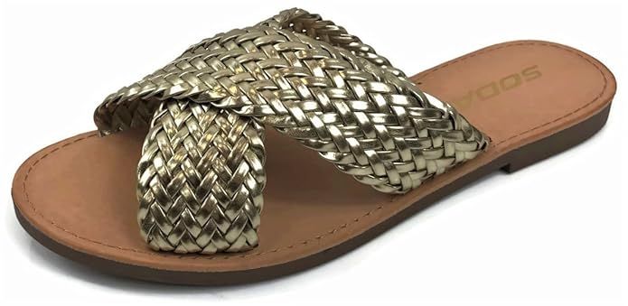 SODA Womens Braided Wide Cross Straps Flat Slip-on Sandal, Gold, 7.5 | Amazon (US)