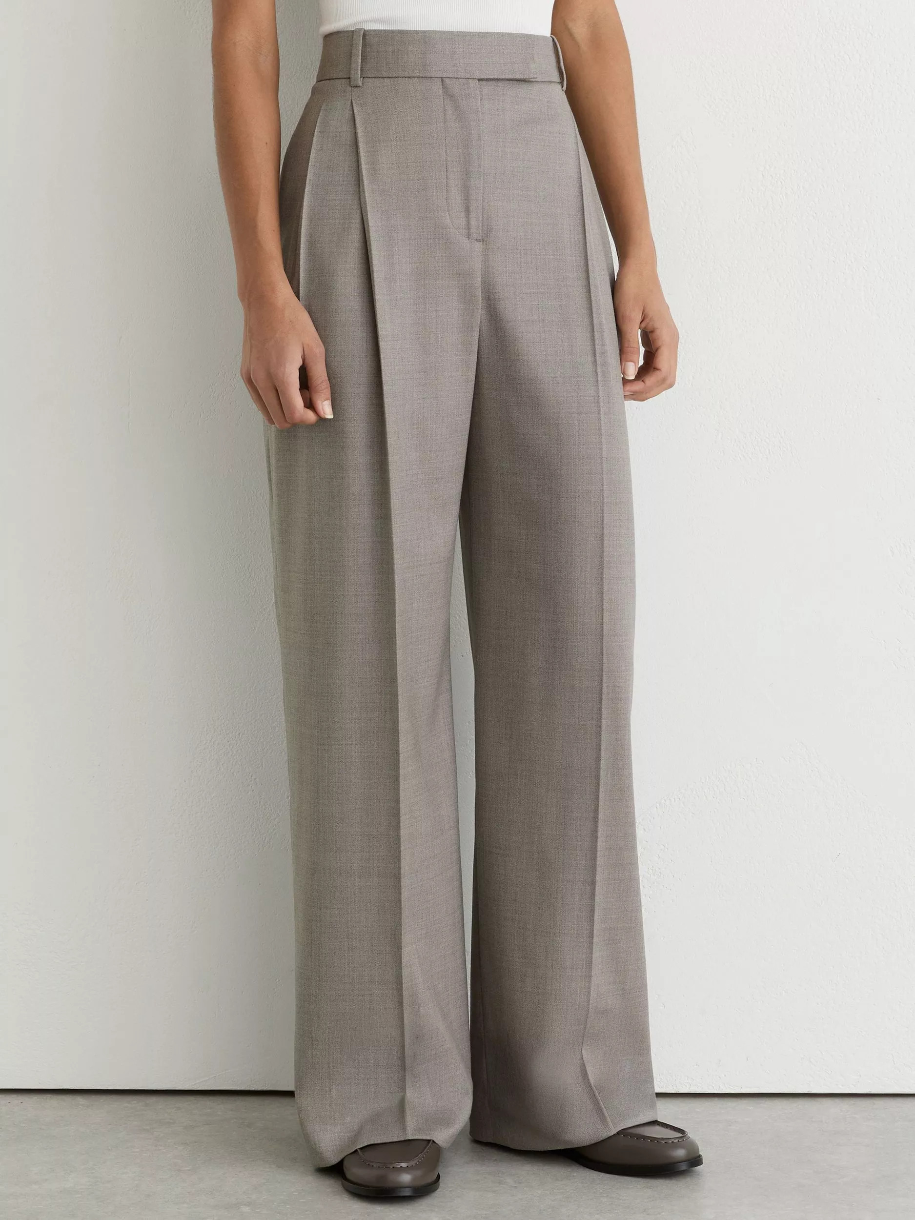 Reiss Darcy Wool Rich Wide Leg Pleated Trousers, Light Grey | John Lewis (UK)