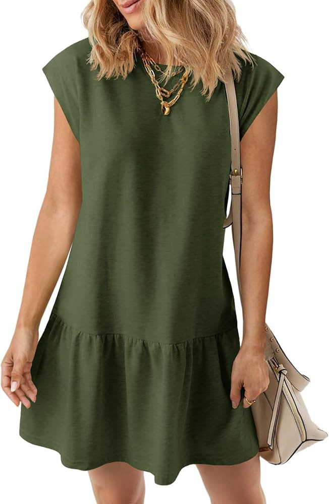 Wenrine Womens Summer T Shirt Dress Casual Short Cap Sleeve Ruffle Hem Crewneck Loose Mini Dresse... | Amazon (US)