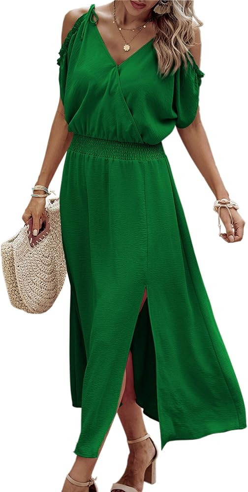 Angashion Women's 2024 Summer Maxi Dress Wrap V Neck Wedding Guest Cold Shoulder Split Smocked Hi... | Amazon (US)
