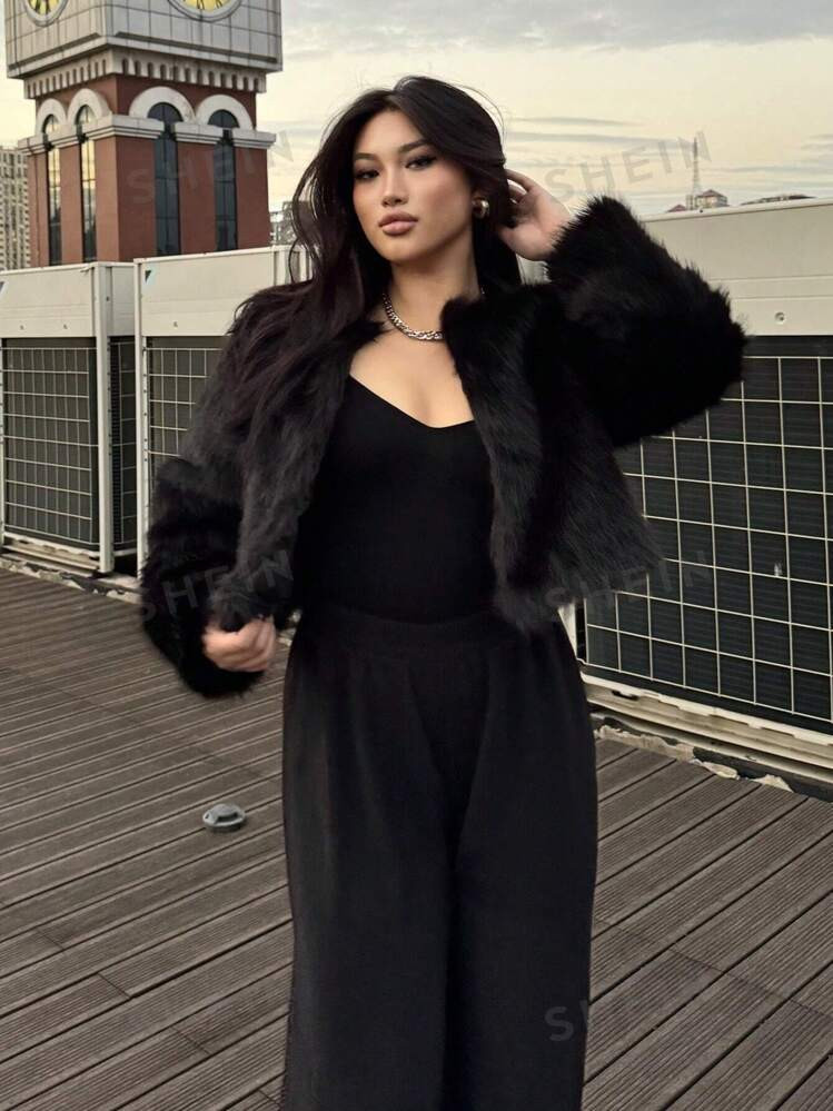 SHEIN Relaxiva Plus Size Short Fluffy Sleeve Party Coat, For Winter | SHEIN