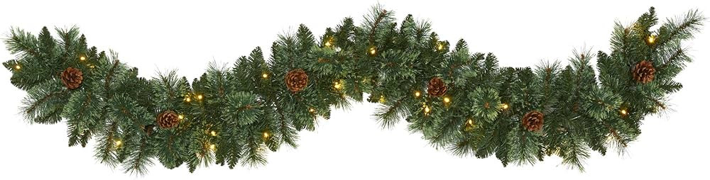 Nearly Natural 6ft. White Mountain Pine Artificial Garland with 35 White Warm LED Lights and Pine... | Amazon (US)