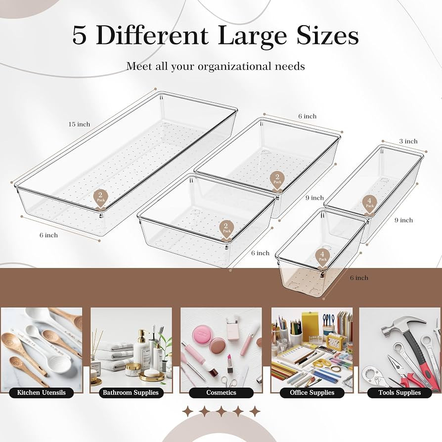 Criusia 14 PCS Clear Plastic Drawer Organizer Set - 5 Large Size Versatile Kitchen and Bathroom O... | Amazon (US)