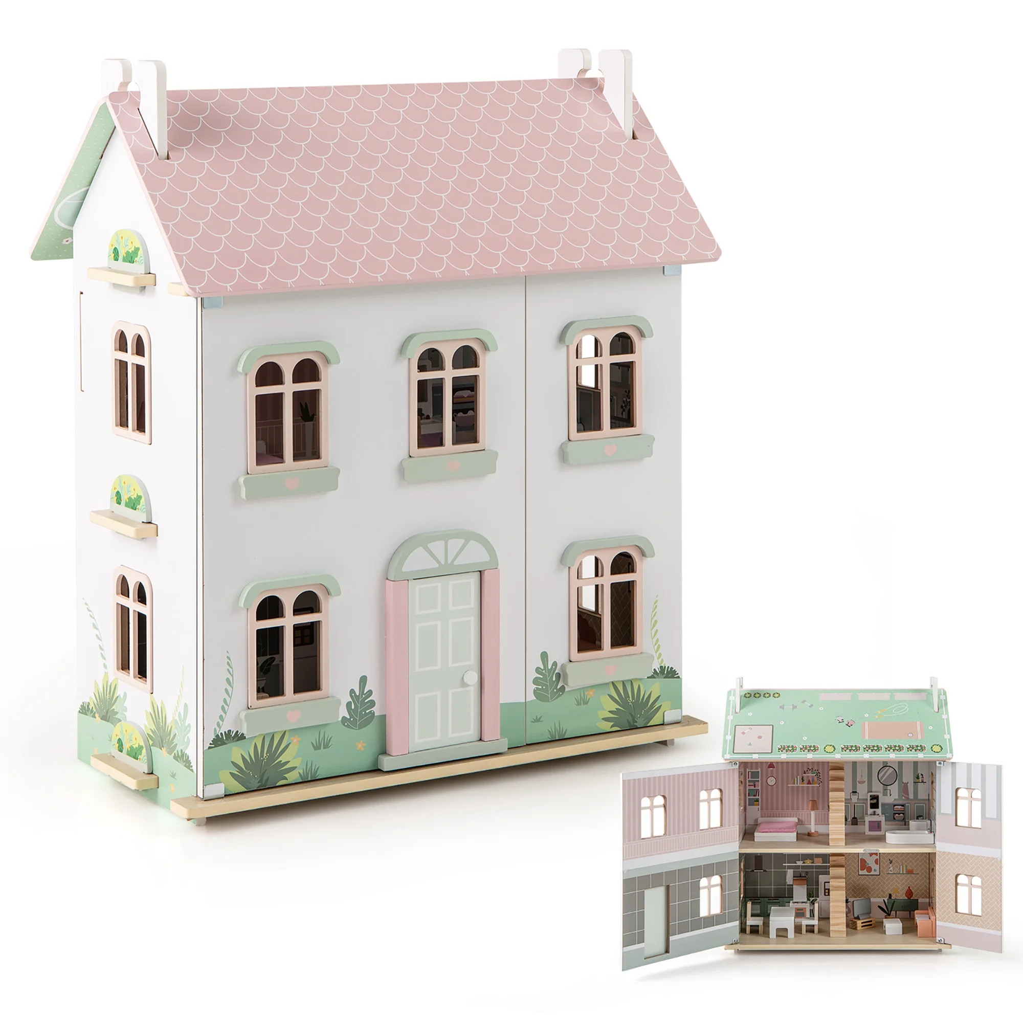 Gymax Kids Wooden Dollhouse w/ Double-Sided Roofs & Openable Doors Rich Furniture - Walmart.com | Walmart (US)